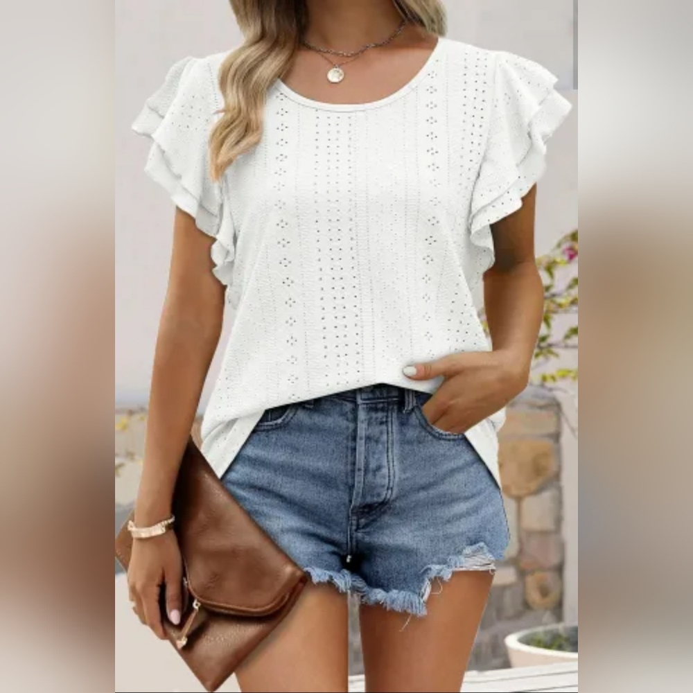 NEW! White Eyelet Textured Ruffle Short Sleeve Blouse - Picture 5 of 12